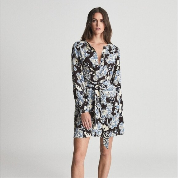 Reiss Abbie Floral Printed Mini Dress in Blue Women's Size 2 - Picture 1 of 12